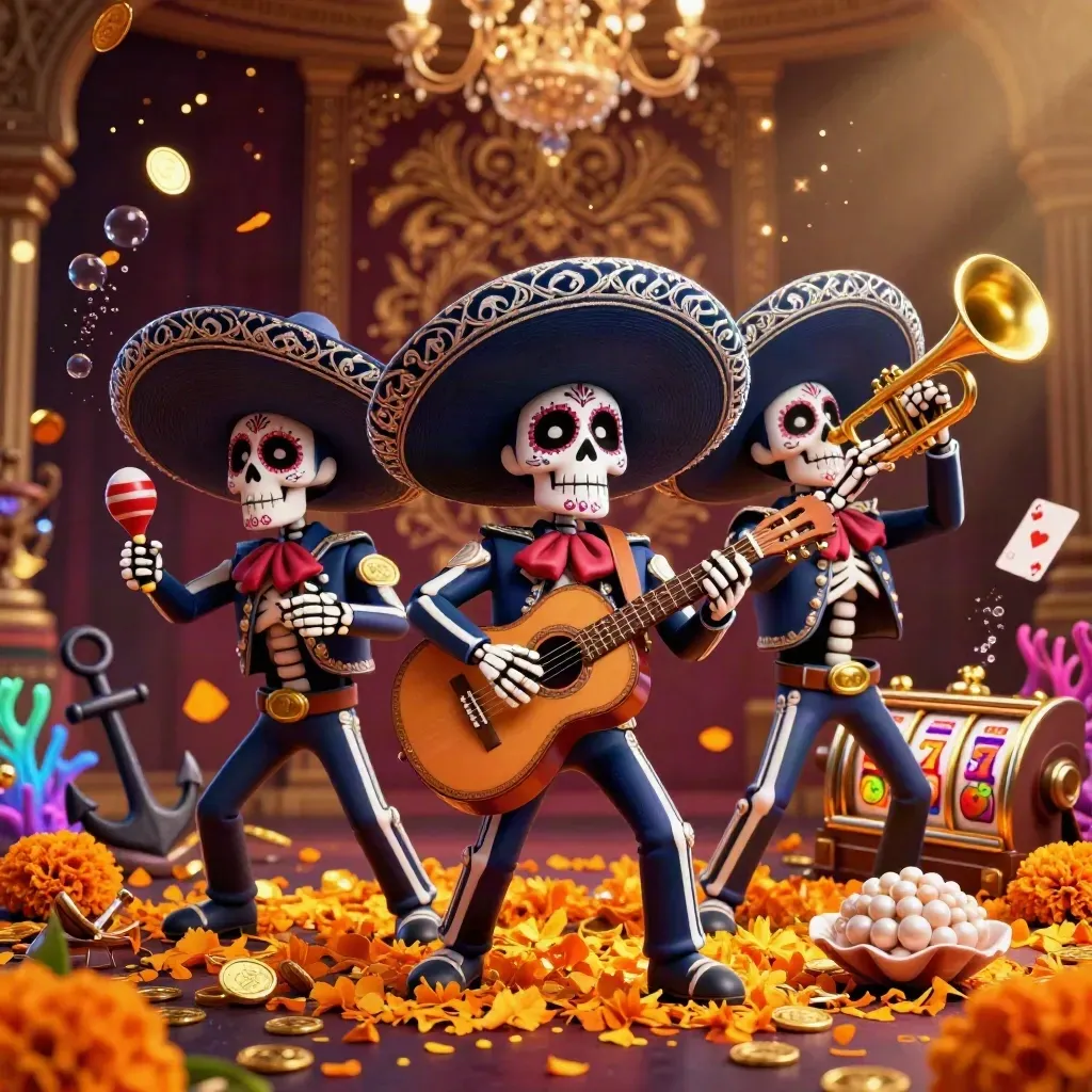 Three skeleton mariachi heroes amid treasure, coral, coins, and casino reels on a dark luxe backdrop