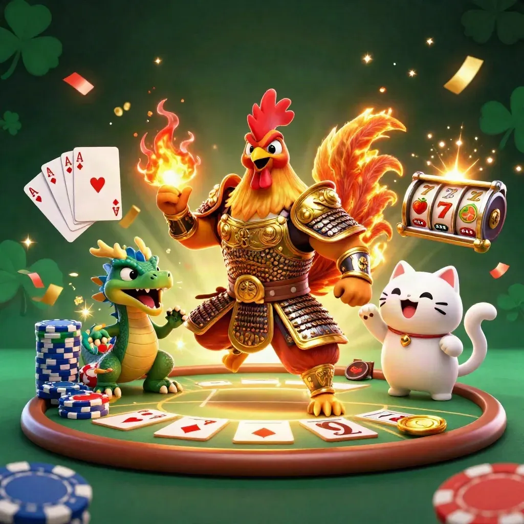Rooster warrior, dragon hatchling, and fortune cat amid casino chips on a dark emerald background.