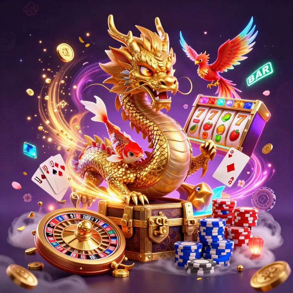 Golden dragon, phoenix, koi, coins, chips and roulette in a dark neon casino fantasy scene.