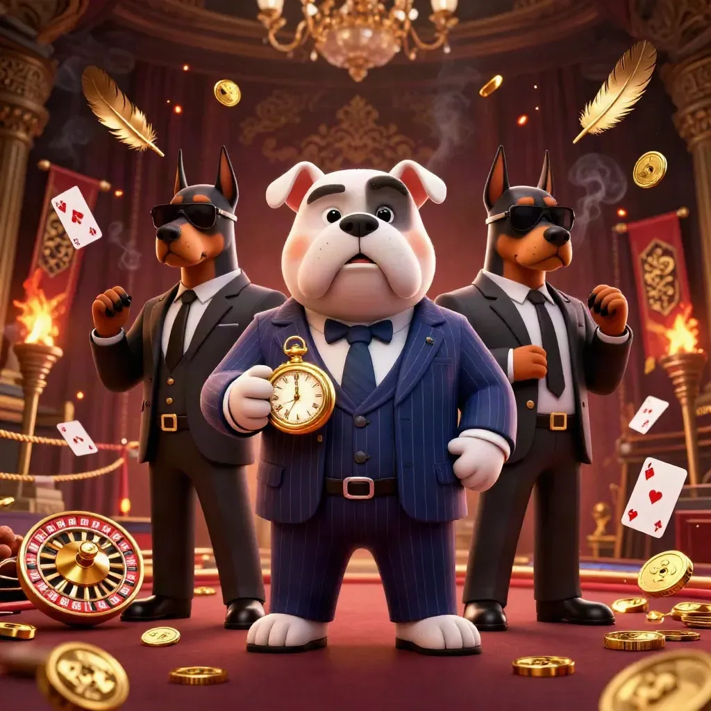 Bulldog boss with two Dobermans amid casino gold, temple gate, and torchlight.