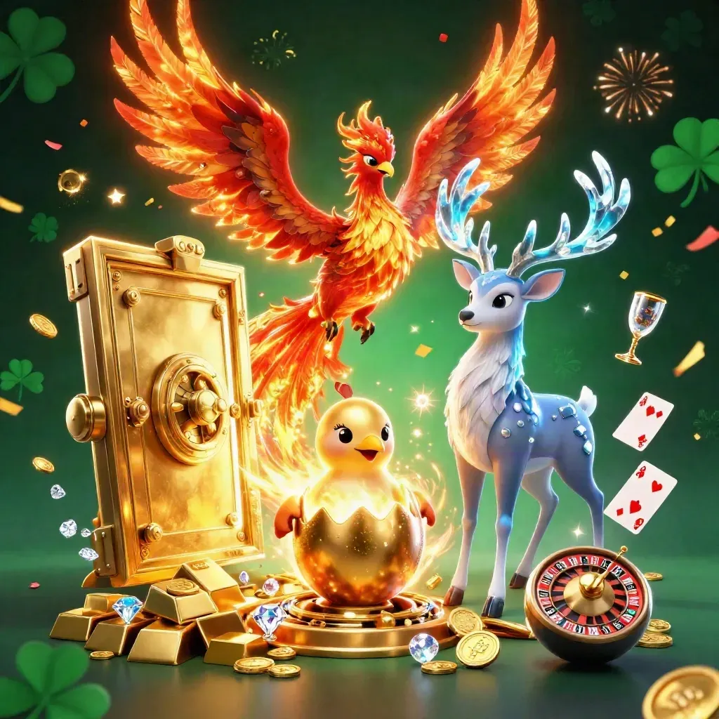 Phoenix trio with treasure vault, gold, gems, and casino sparkles in dark emerald glow