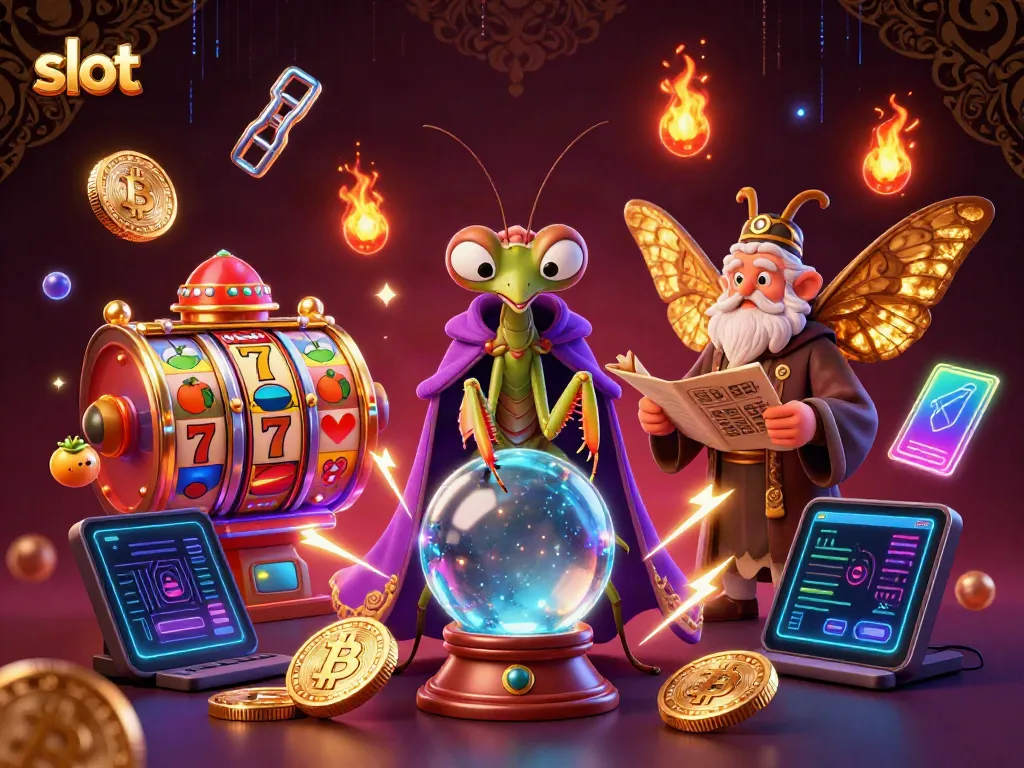 Engaging slot-themed 3D illustration featuring a mysterious fortune teller, wise moth, and vibrant slot symbols.