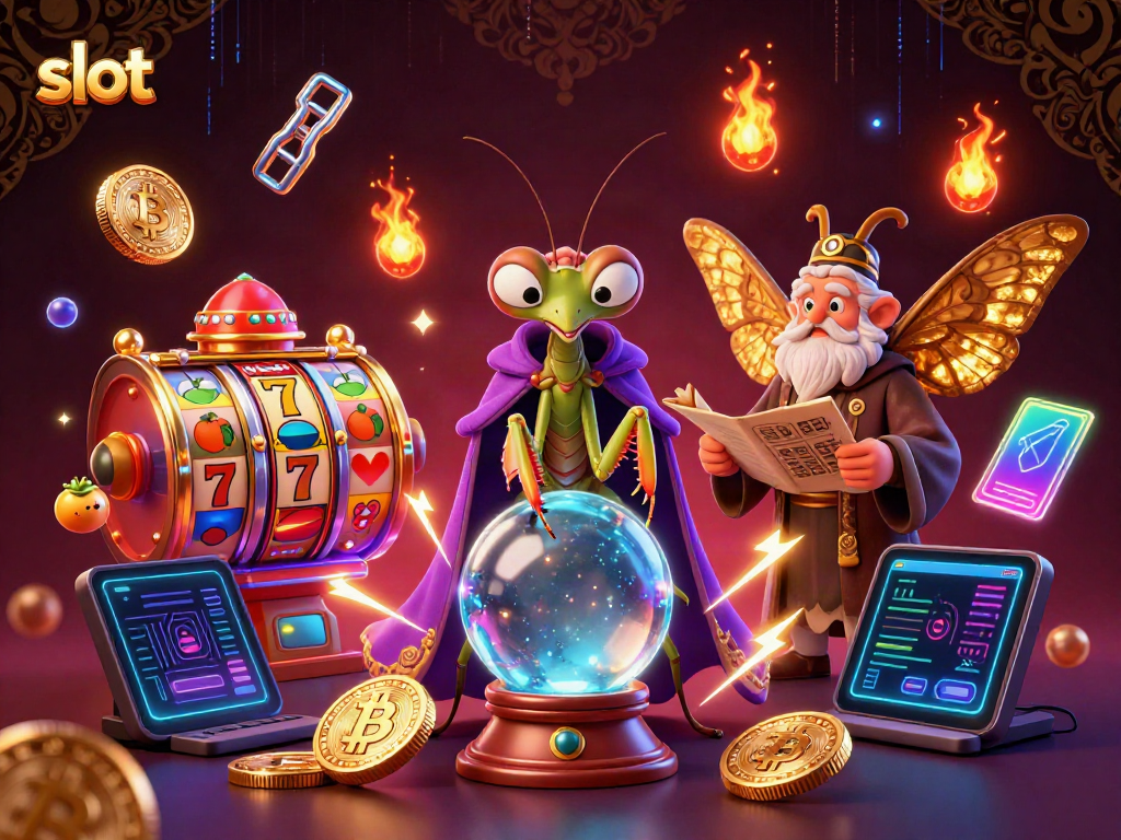 Engaging slot-themed 3D illustration featuring a mysterious fortune teller, wise moth, and vibrant slot symbols.