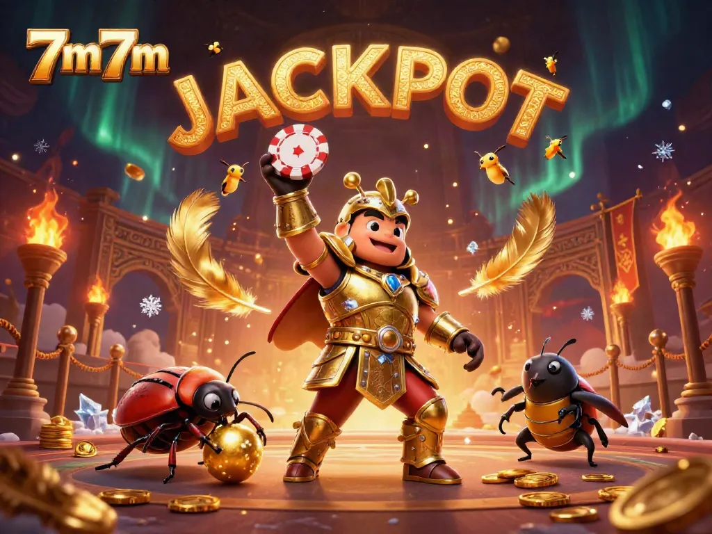 Engage with 7m7m's thrilling atmosphere as a hercules beetle celebrates a poker win under a jackpot of fireflies