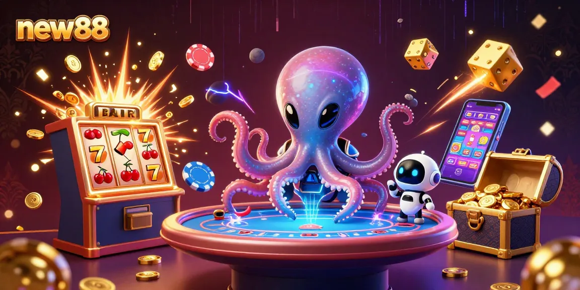 Play exciting games at new88 with a vibrant alien octopus and jackpot bursting elements!