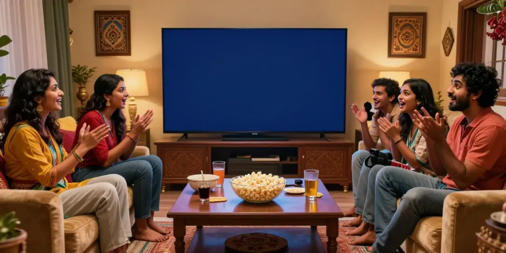 Engaging group watching an uncutmasti movie in a cozy living room setting.