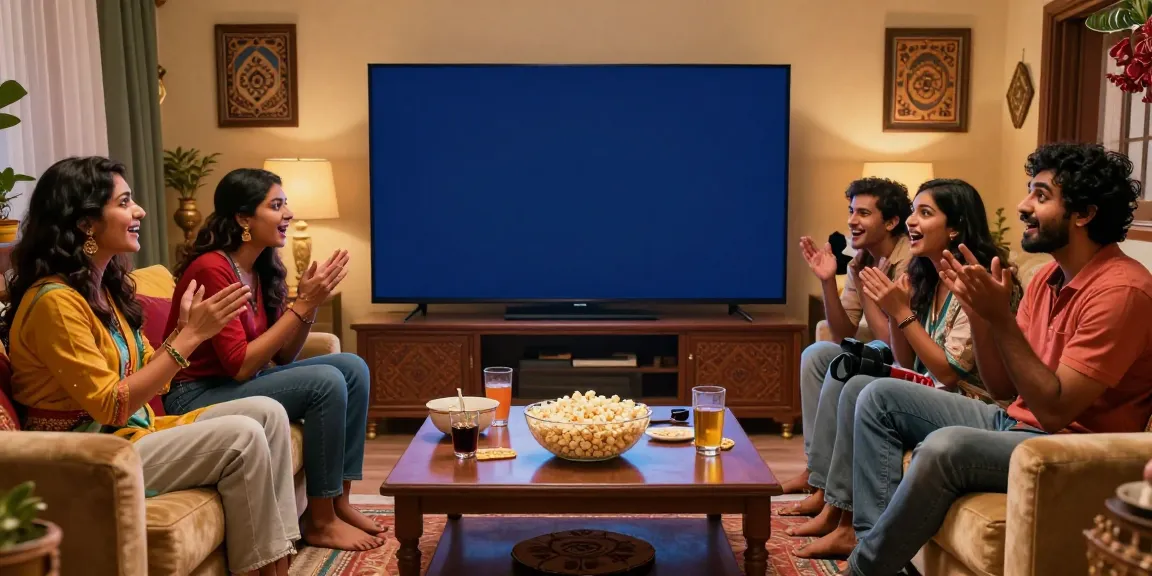 Engaging group watching an uncutmasti movie in a cozy living room setting.
