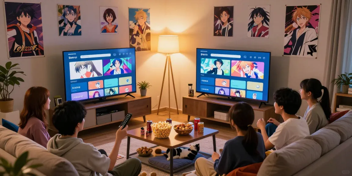 Friends enjoying Anime Vietsub in a cozy living room during an animated viewing party.