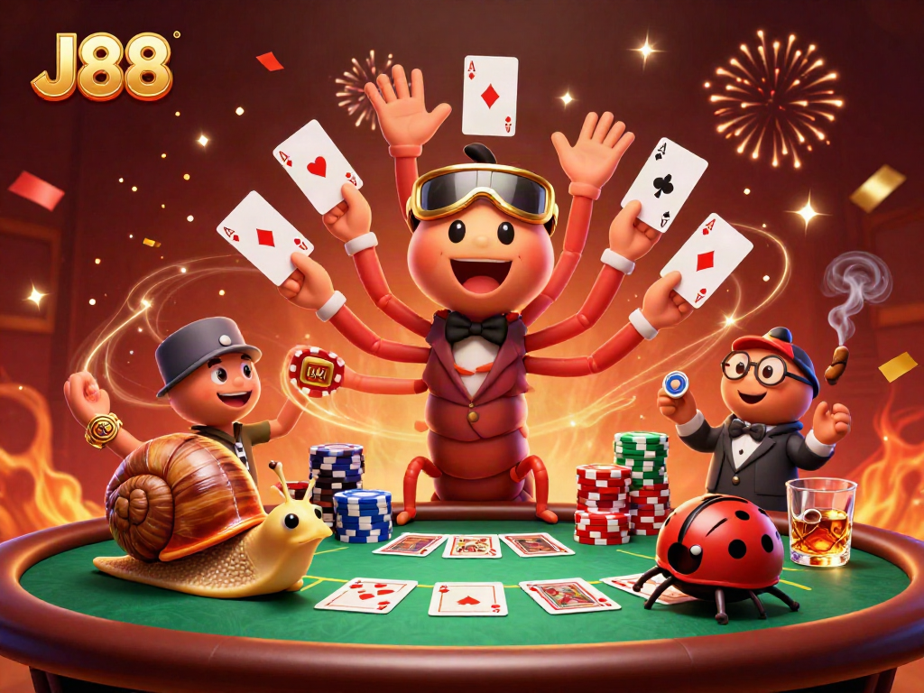 Join the high-stakes fun with thrilling J88 poker night action featuring detailed character interactions.