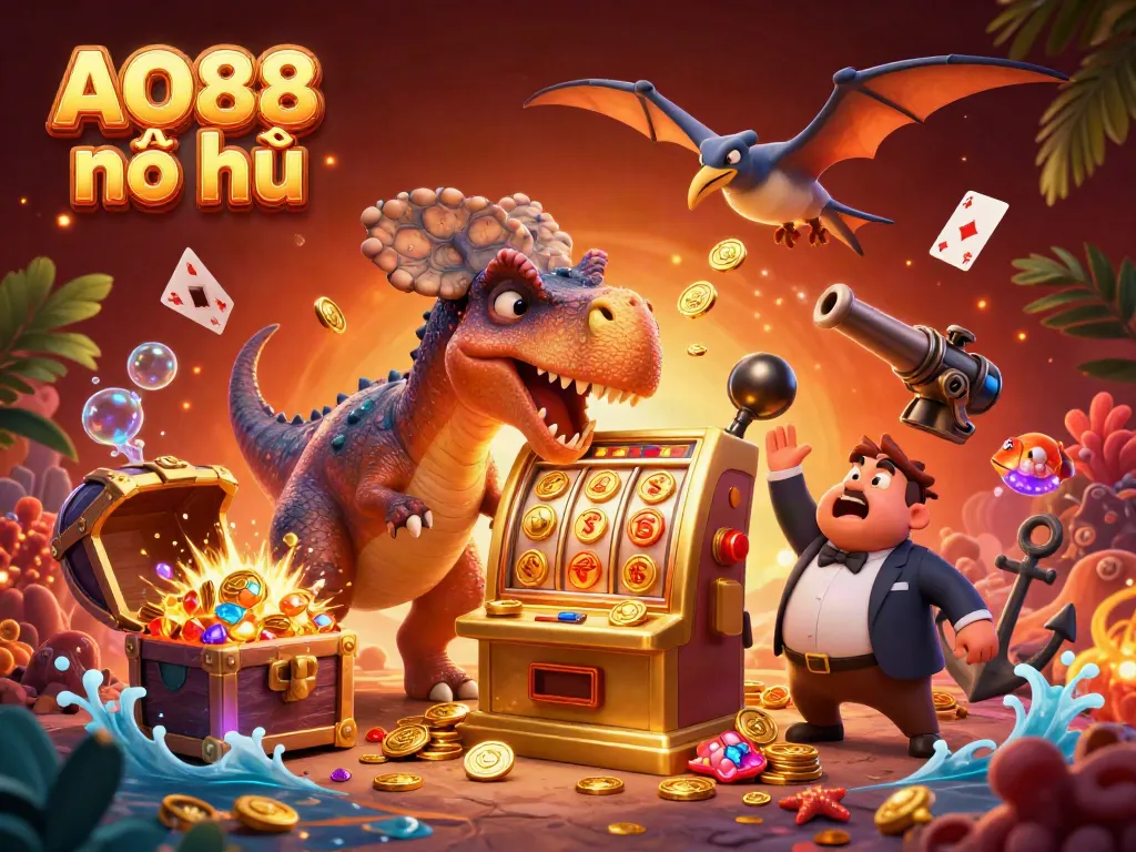 Experience exciting jackpots with AO88 nổ hũ as cartoon dinosaurs interact with vibrant casino elements.