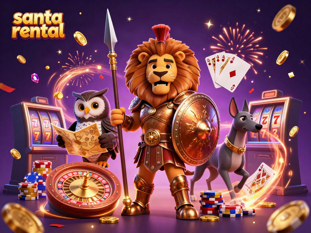 Engage in the magic of the holidays with a vibrant scene highlighting Santa rental amidst casino excitement.
