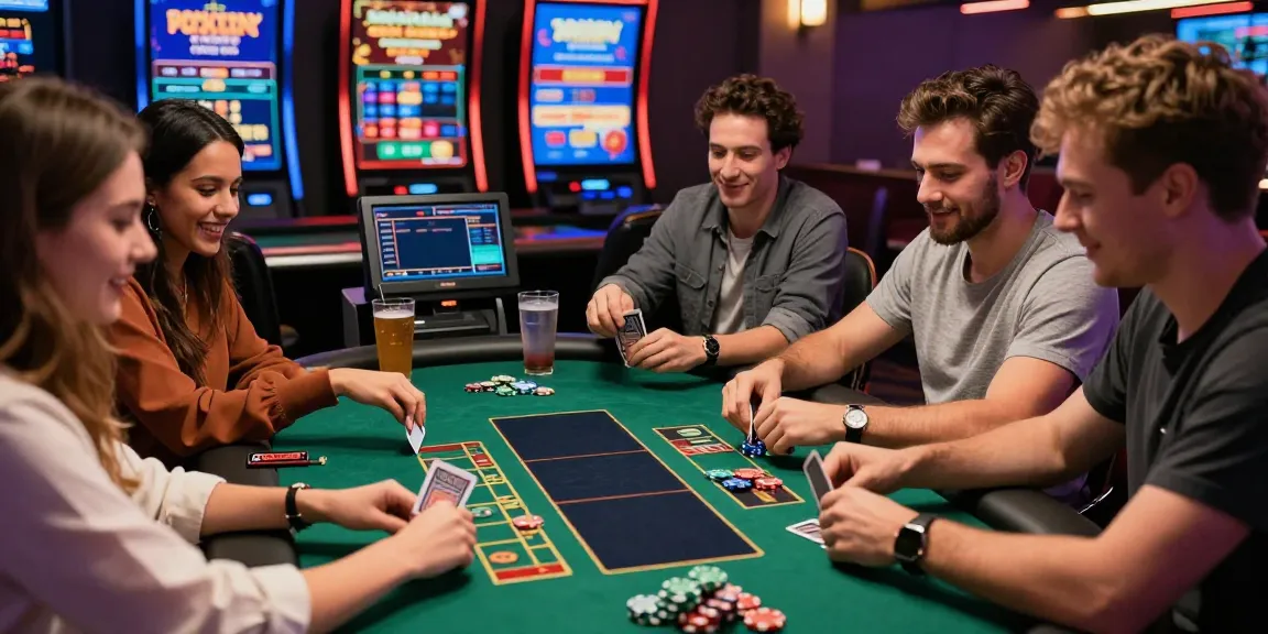 Excited players at a credit card casino table enjoying a vibrant gaming experience.