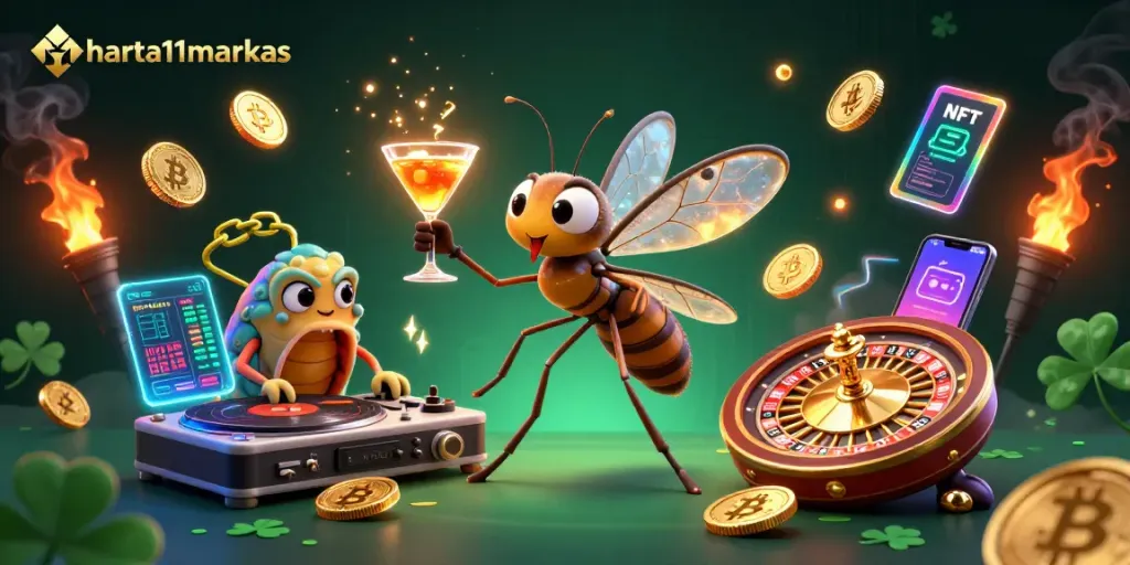Experience thrilling gameplay at harta11markas with a lively casino mascot and vibrant digital elements.