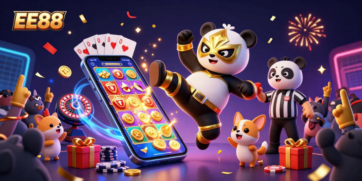 Experience thrilling gameplay at EE88 with a 3D wrestling panda flying into action amid exciting casino elements.