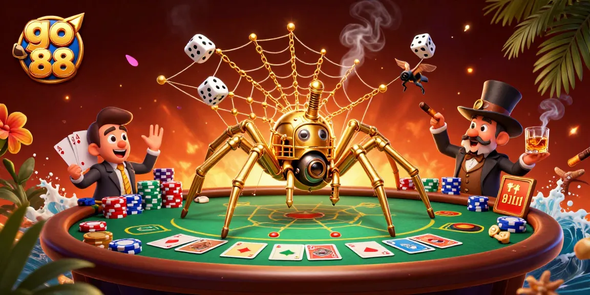 Experience the thrill of go 88 with cartoon characters ensnaring dice in a rich casino scene.