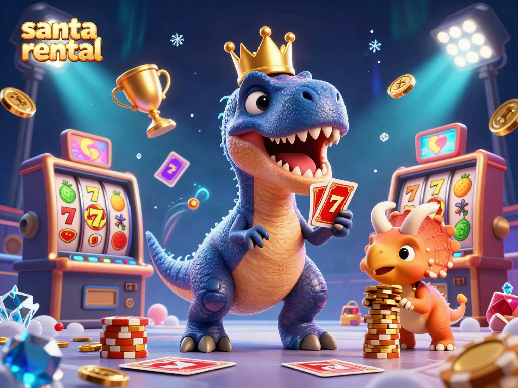 Exciting scene of card-shuffling T-Rex and Santa rental concept in a vibrant casino setting.