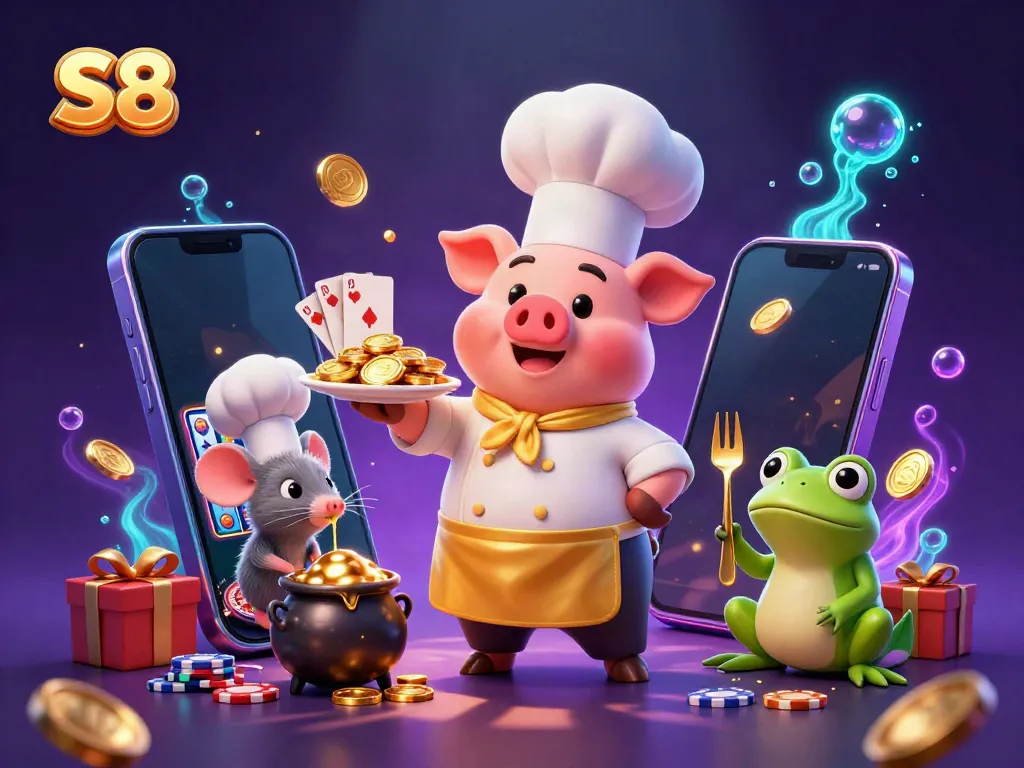 Experience the excitement of S8 with a chef pig serving gold coins, captured in an energetic casino scene.
