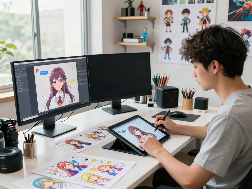 Engaging scene depicting a digital artist designing anime characters for hentai ai chat.