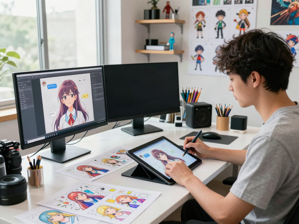Engaging scene depicting a digital artist designing anime characters for hentai ai chat.