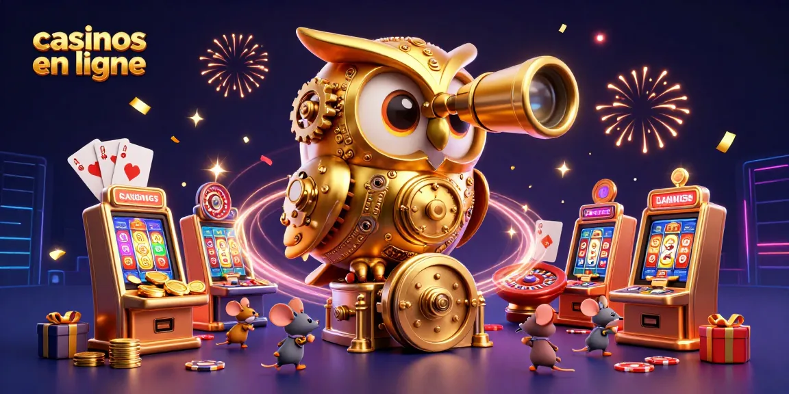 Jouez aux casinos en ligne avec des machines à sous, un hibou doré et des souris en pleine action.