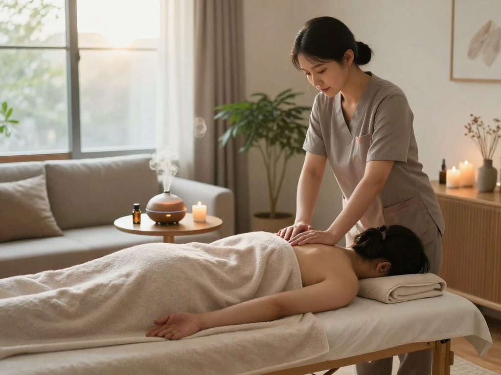 Experience soothing 강동구출장마사지 in a tranquil home spa setting.