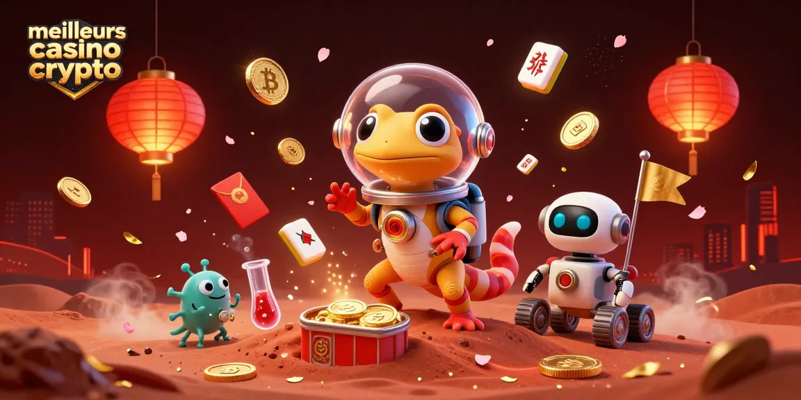 Illustration d'un gecko martien et un rover découvrant un casino crypto, meilleurs casino crypto en scène