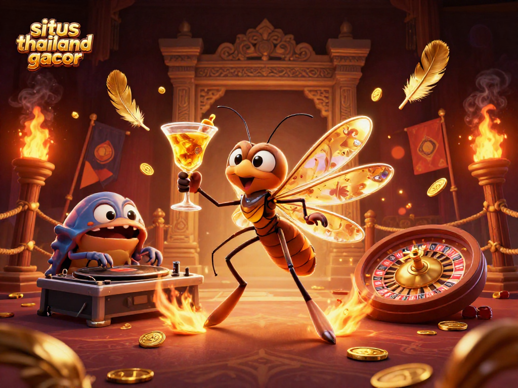 Situs thailand gacor showcases a dynamic casino scene featuring a frozen mosquito mascot, a trilobite DJ, and an ammonite roulette