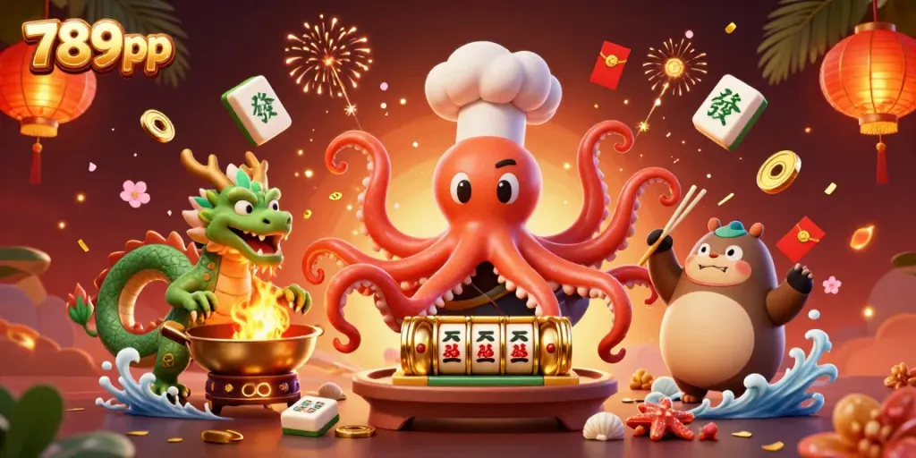 Experience thrilling gameplay with 789pp's vibrant casino illustration featuring a chef octopus and festive elements.