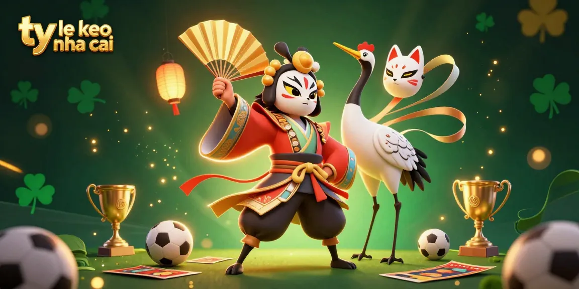 Engage in thrilling betting with ty le keo nha cai, showcased by a kabuki warrior and vibrant sports elements.