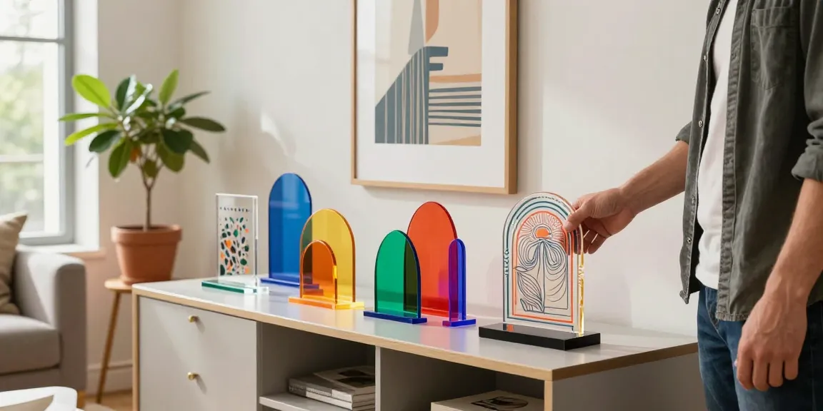 Vibrant custom acrylic stand showcasing intricate designs in a stylish living room.