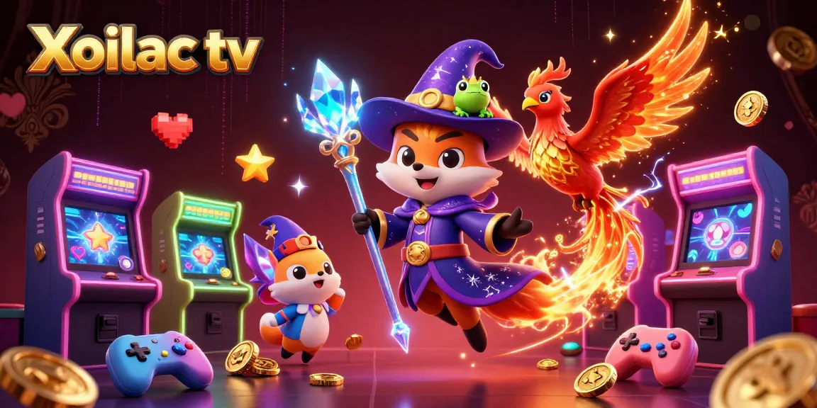 Xoilac tv offers thrilling live betting on games with a visually stunning illustration of a wizard, phoenix, and gaming elements.