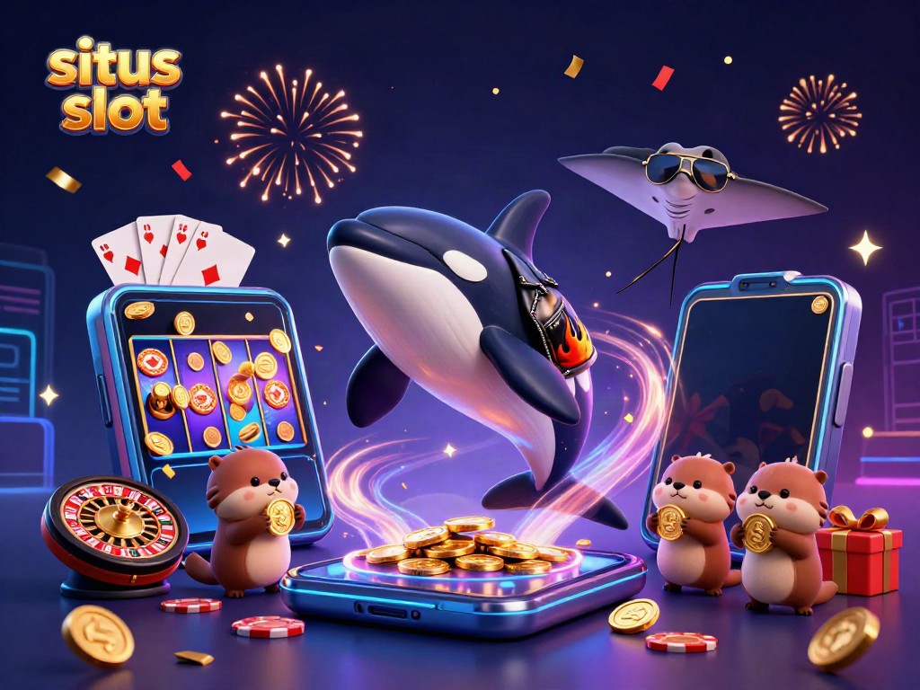 Engaging 3D illustration of mascot characters celebrating with golden coins and slot games on situs slot platform.