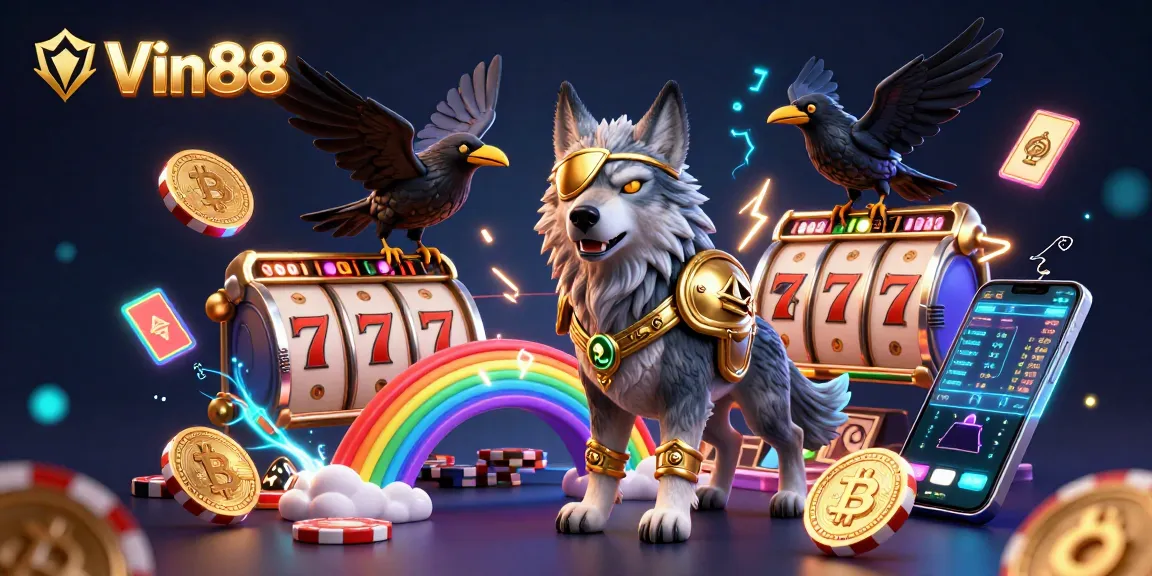 Engage with Vin88 in a vibrant Norse mythology casino scene featuring playful characters and electrifying game elements