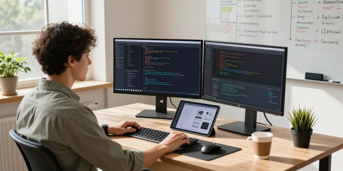 Dynamic software development workspace featuring multiple screens and design tools from https://rtischeduler.co.uk/ in a bright office.