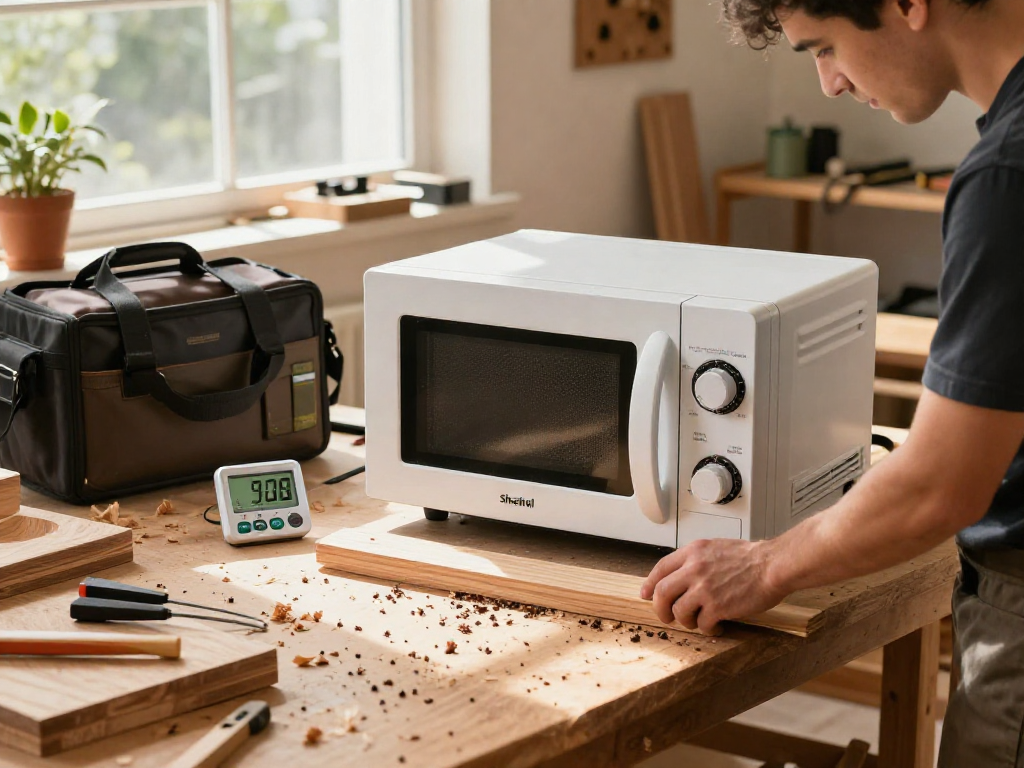 Shashel microwave equipment in use to eliminate wood pests in a craftsman's workshop.