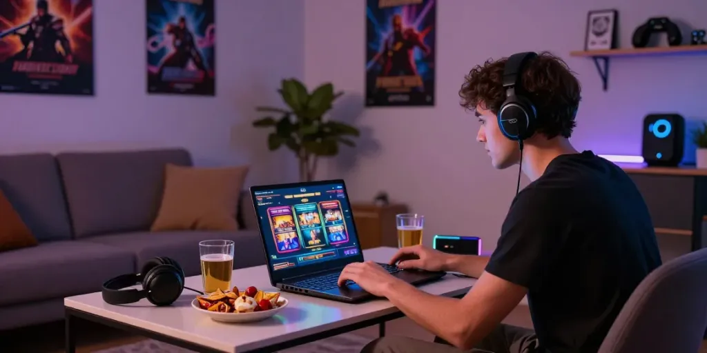 Engaging scene of a player enjoying slot online in a cozy home setting with vibrant graphics and snacks.