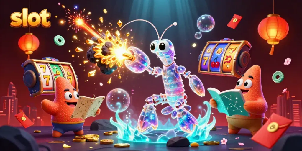 Engaging slot gaming scene with galactic characters, exploding gems, and vibrant slot elements.