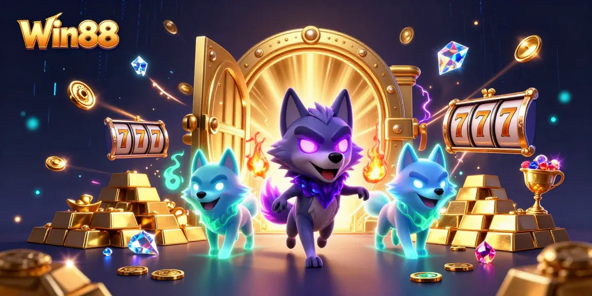 Engage with Win88 for thrilling slot adventure featuring a dynamic wolf pack with treasure