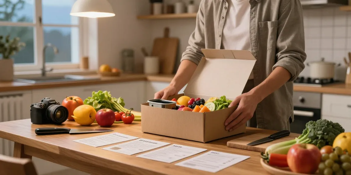 Unboxing a meal kit featuring fresh ingredients and recipes in a cozy kitchen, emphasizing engaging meal preparation with slot.
