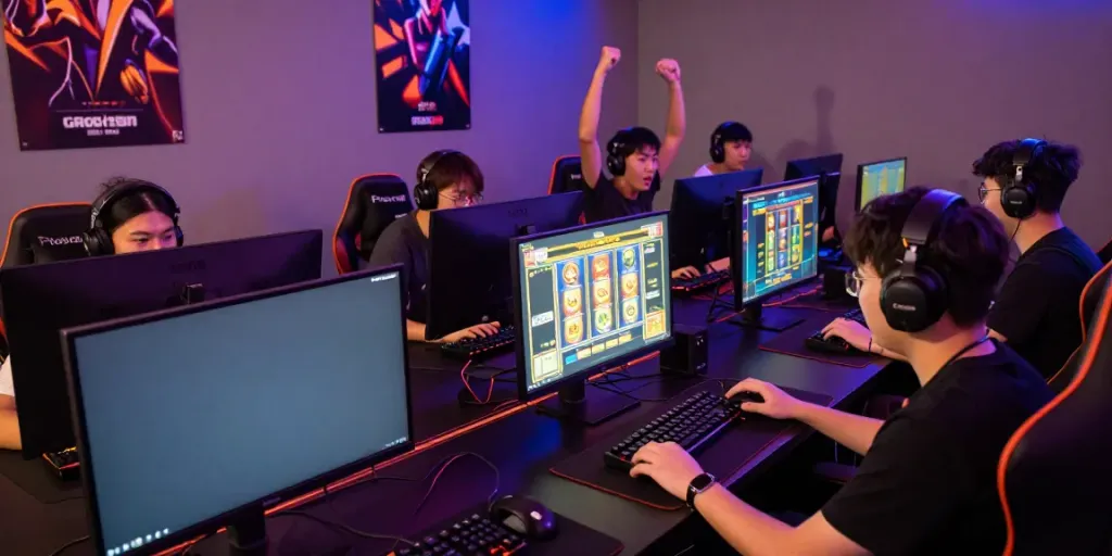 Exciting scene of players engaging in rokok88 slot gameplay within a vibrant gaming arena, showcasing monitors and colorful LED lights.