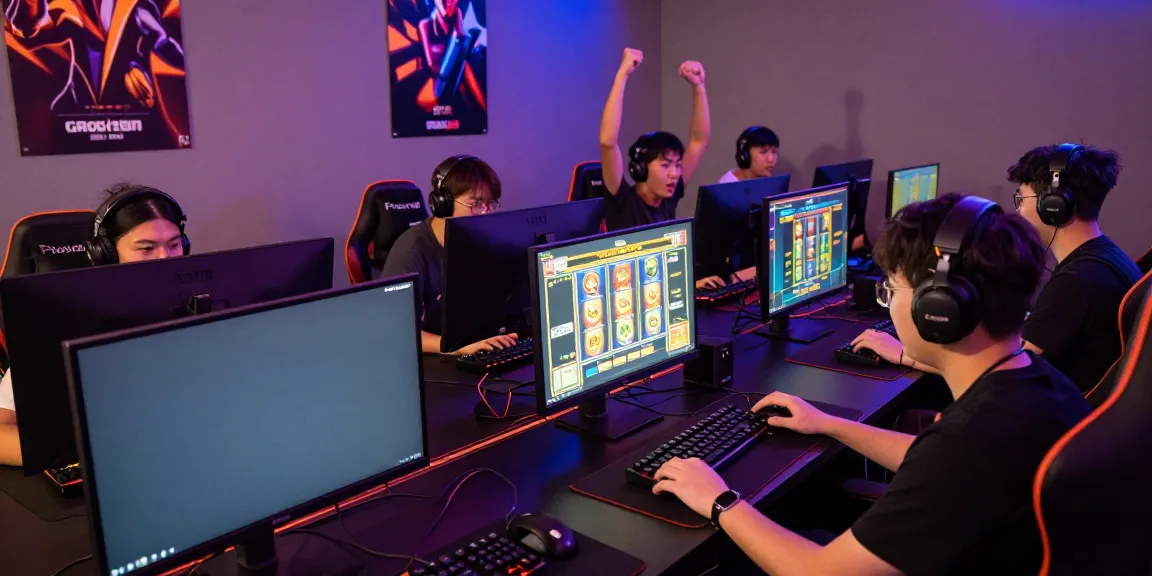 Exciting scene of players engaging in rokok88 slot gameplay within a vibrant gaming arena, showcasing monitors and colorful LED lights.