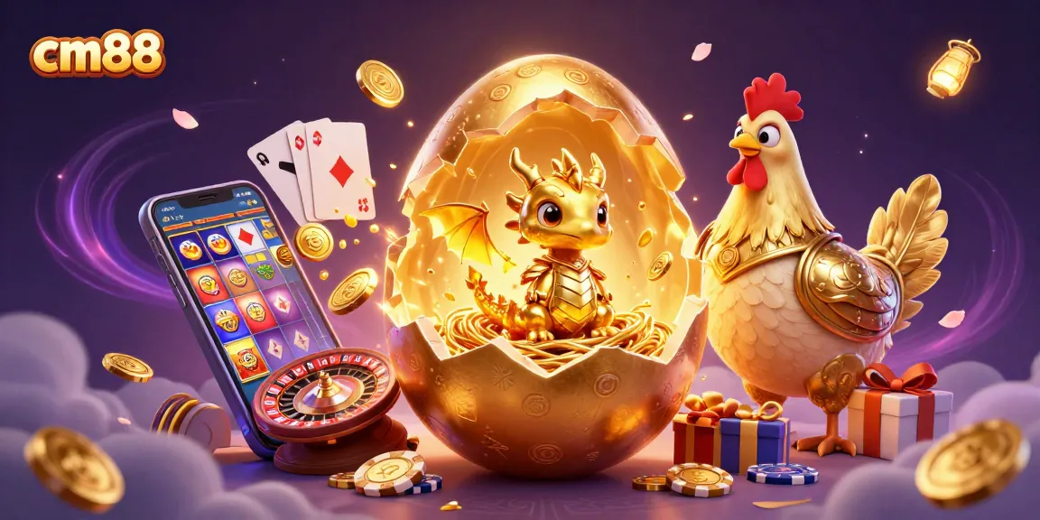 Experience thrilling moments at cm88 with a golden dragon and poker chips amidst vibrant game elements.