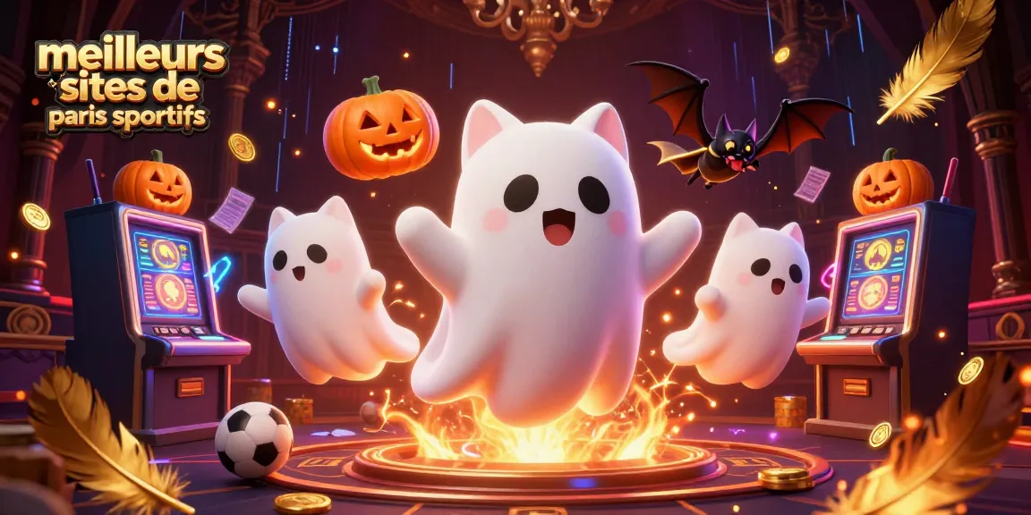 Illustration dynamique sur les meilleurs sites de paris sportifs avec un chat fantôme et des éléments de casino vividement animés.