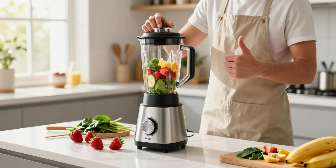 Enthusiastic cook using a Kiam Blender to prepare a colorful smoothie in a bright kitchen.