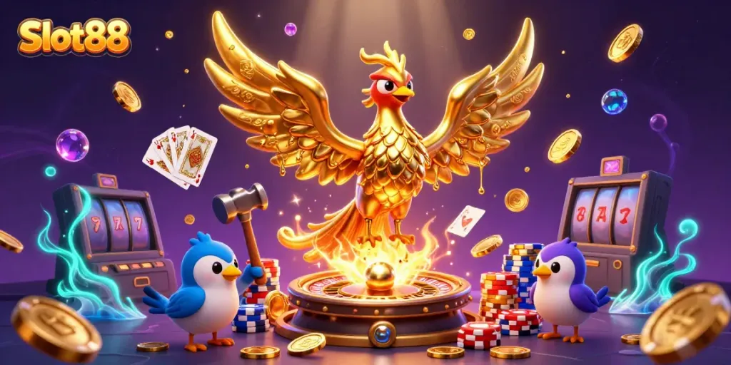 Engage with Slot88's captivating world featuring a molten phoenix and dynamic casino elements.
