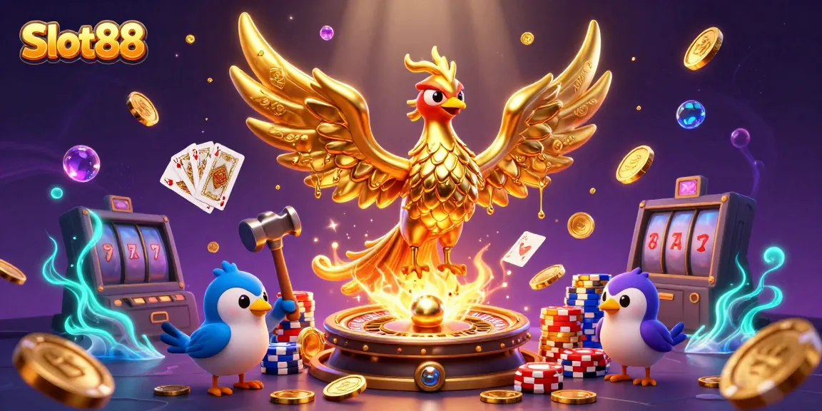 Engage with Slot88's captivating world featuring a molten phoenix and dynamic casino elements.