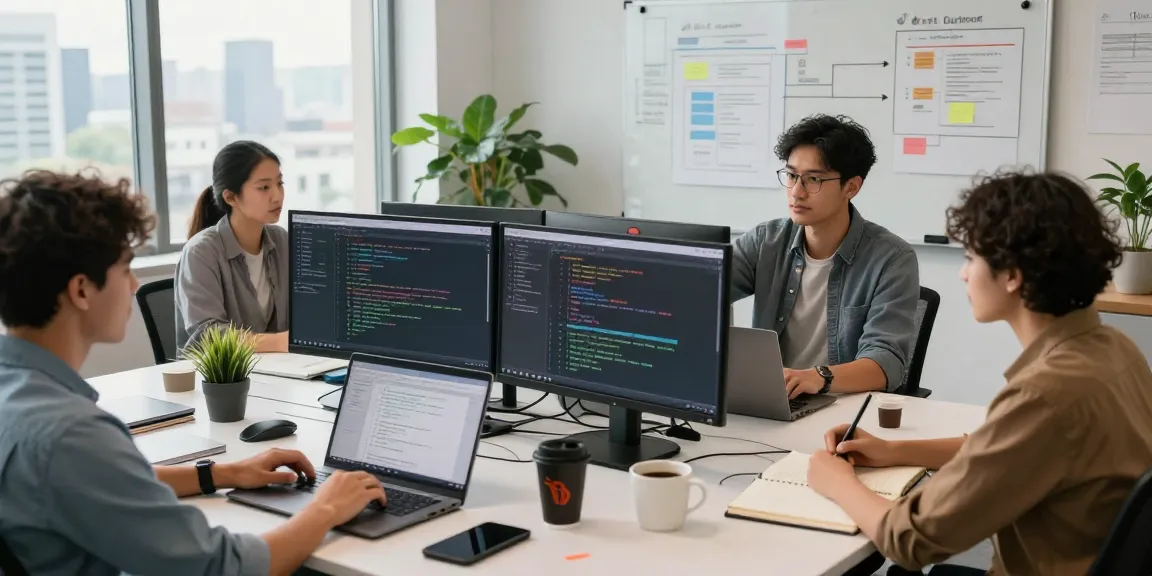 Software developers collaborating on ggsoft projects in modern office.