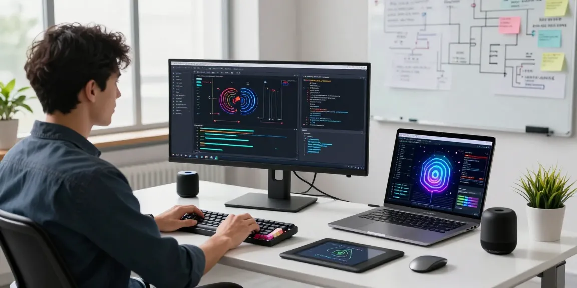 Generative AI development workspace with an engineer coding, dual monitors showing training graphs, and modern office setting.