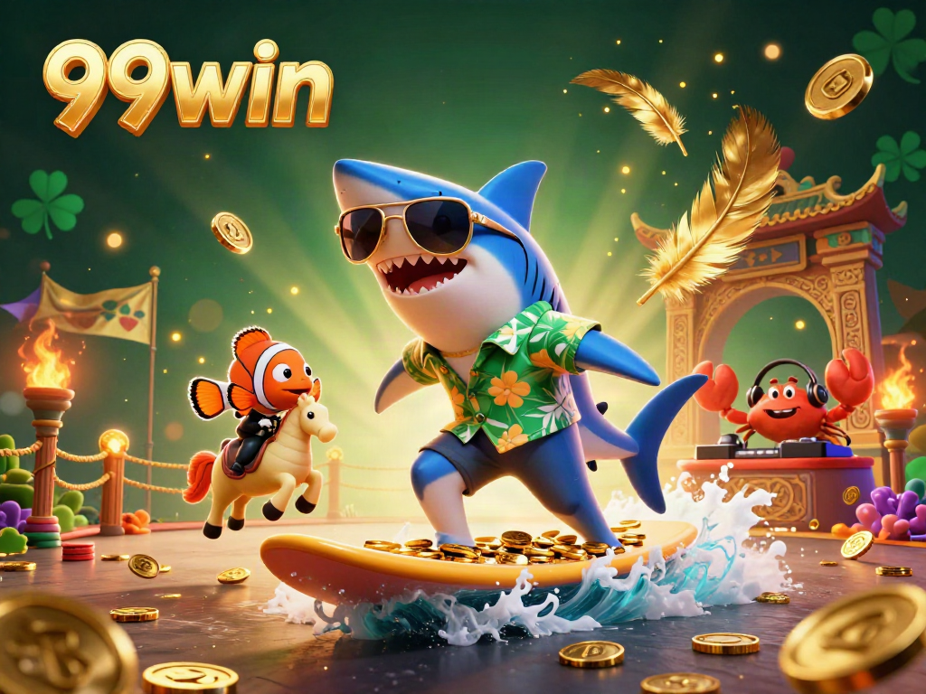 Experience the excitement of 99win with a vibrant scene featuring a cartoon shark and treasures in dynamic gambling action.