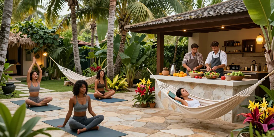 Young adults at a Motchill wellness retreat practicing yoga and cooking healthy meals in a tranquil outdoor setting.